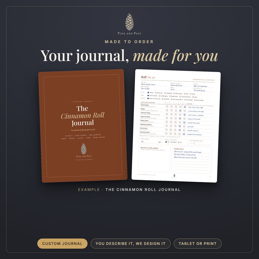 Custom Journal example: a cinnamon roll rating journal