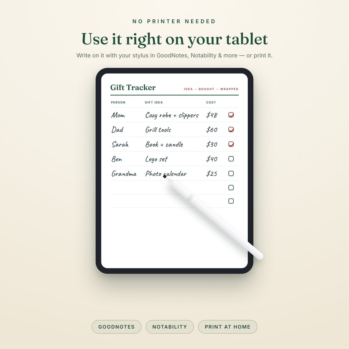 A Pine & Post planner on a tablet with a stylus